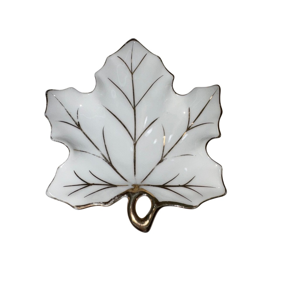 White Porcelain Maple Leaf Trinket Dish Gold Trim Gilt Japan Jewelry TrayVintage